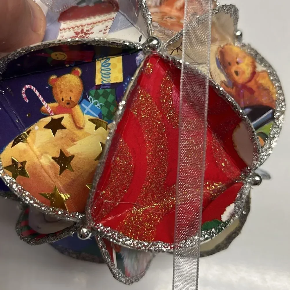 Recycled Christmas Cards Handmade Ornaments Set of two- Diameter 4”
